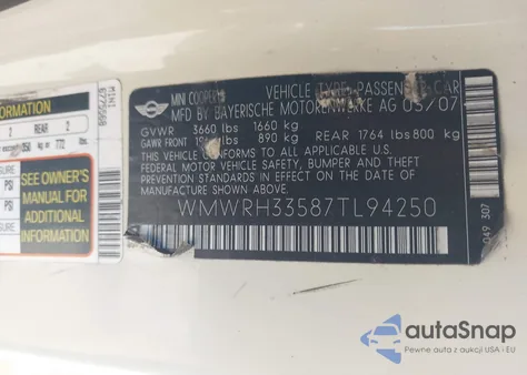 2007 Mini Cooper S z USA, uszkodzony, nr VIN WMWRH33587TL94250